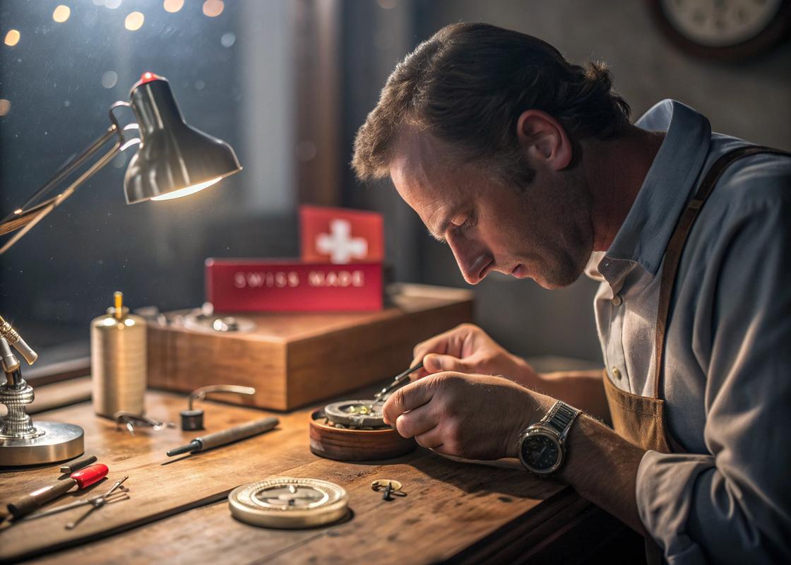 Artisan horloger assemblant avec précision une montre 'Swiss Made' sur un bureau en bois vintage dans un atelier chaleureux, avec des outils de précision et le drapeau suisse en arrière-plan.