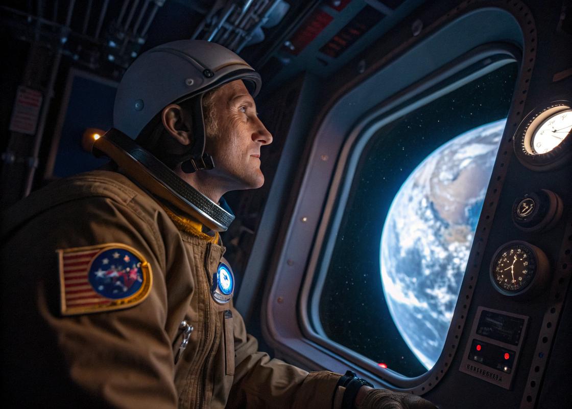 Astronaute en combinaison rétro-futuriste portant une montre Yema chronographe lors d'une simulation de mission lunaire dans un décor inspiré des années 1960, avec une Terre visible à travers une grande fenêtre.