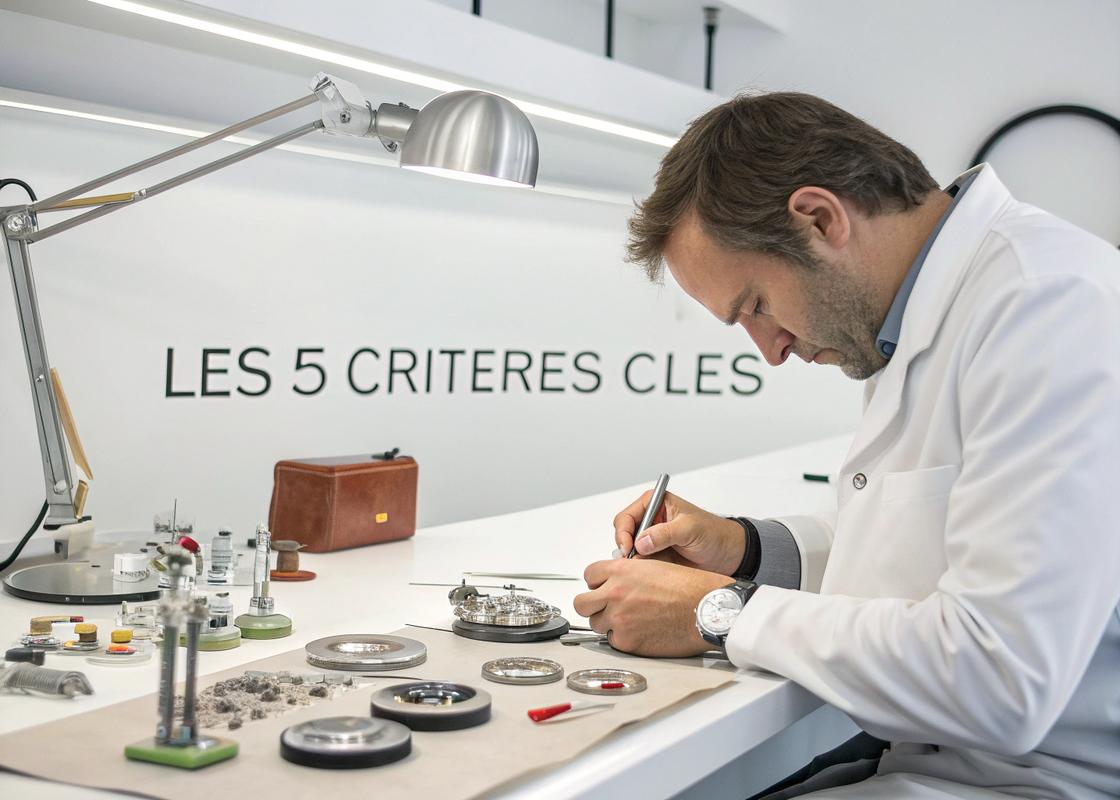 Un atelier moderne d'horloger avec des outils disposés précieusement pour assembler des montres de luxe, en mettant l'accent sur la fabrication d'un mouvement Sea-Gull, sous un éclairage doux avec mention intégrée 'Les 5 Critères Clés'.