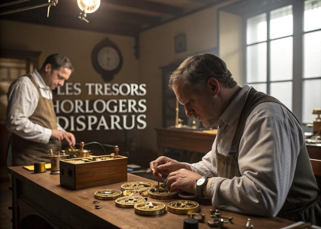 Atelier vintage de fabrication de montres à Besançon, avec des artisans assemblant des montres de poche mécaniques sous un éclairage cinématographique chaud, mettant en valeur des engrenages en laiton et des établis en bois.