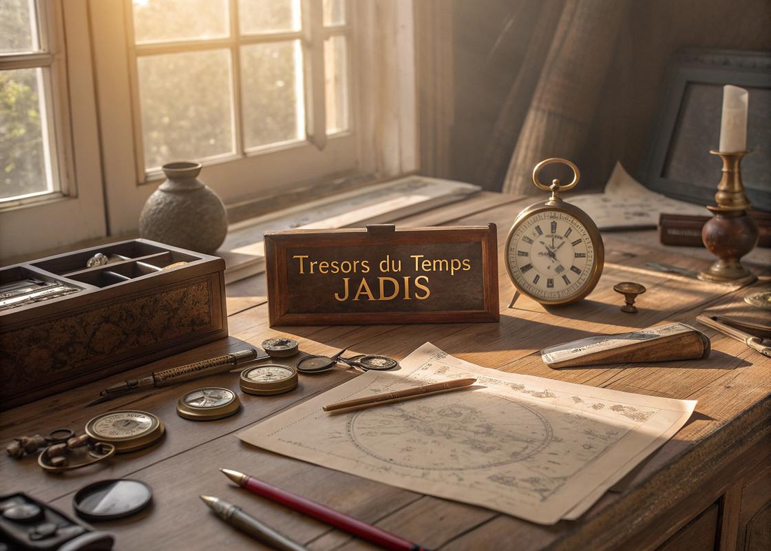 Un bureau de collectionneur avec des montres vintage françaises, des outils, et des documents historiques, baigné dans une douce lumière matinale sépia avec une plaque en laiton gravée 'Trésors du Temps Jadis'.