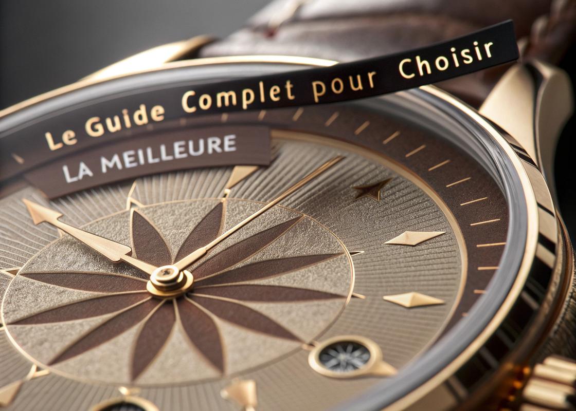 Cadran d'une montre chinoise haut de gamme avec finition soleil et indices appliqués, texte 'Le Guide Complet pour Choisir la Meilleure' gravé sur la surface métallique