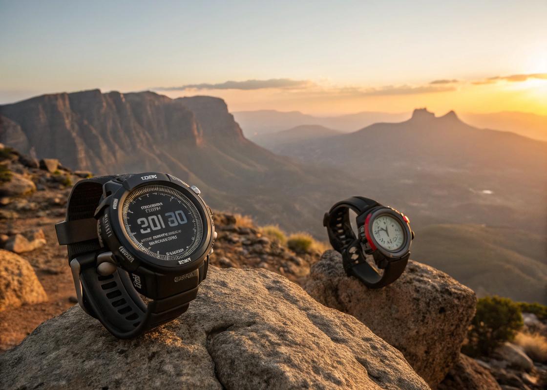 Casio Pro Trek et Suunto Core posées sur un affleurement rocheux avec des montagnes en arrière-plan au coucher du soleil, montrant les données d'altitude et de pression.