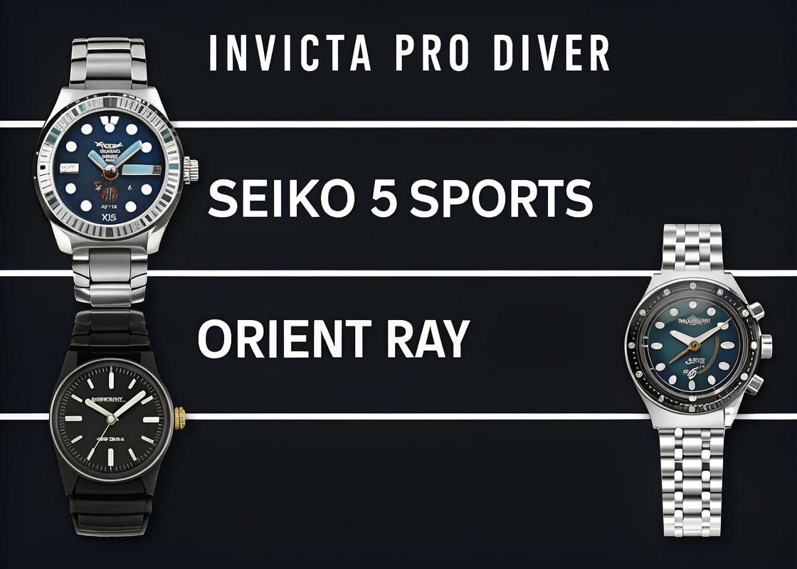 Comparaison côte à côte de trois montres : Invicta Pro Diver, Seiko 5 Sports, et Orient Ray, avec leurs spécifications détaillées sur un fond noir professionnel, sous le titre en français 'Invicta vs Alternatives'