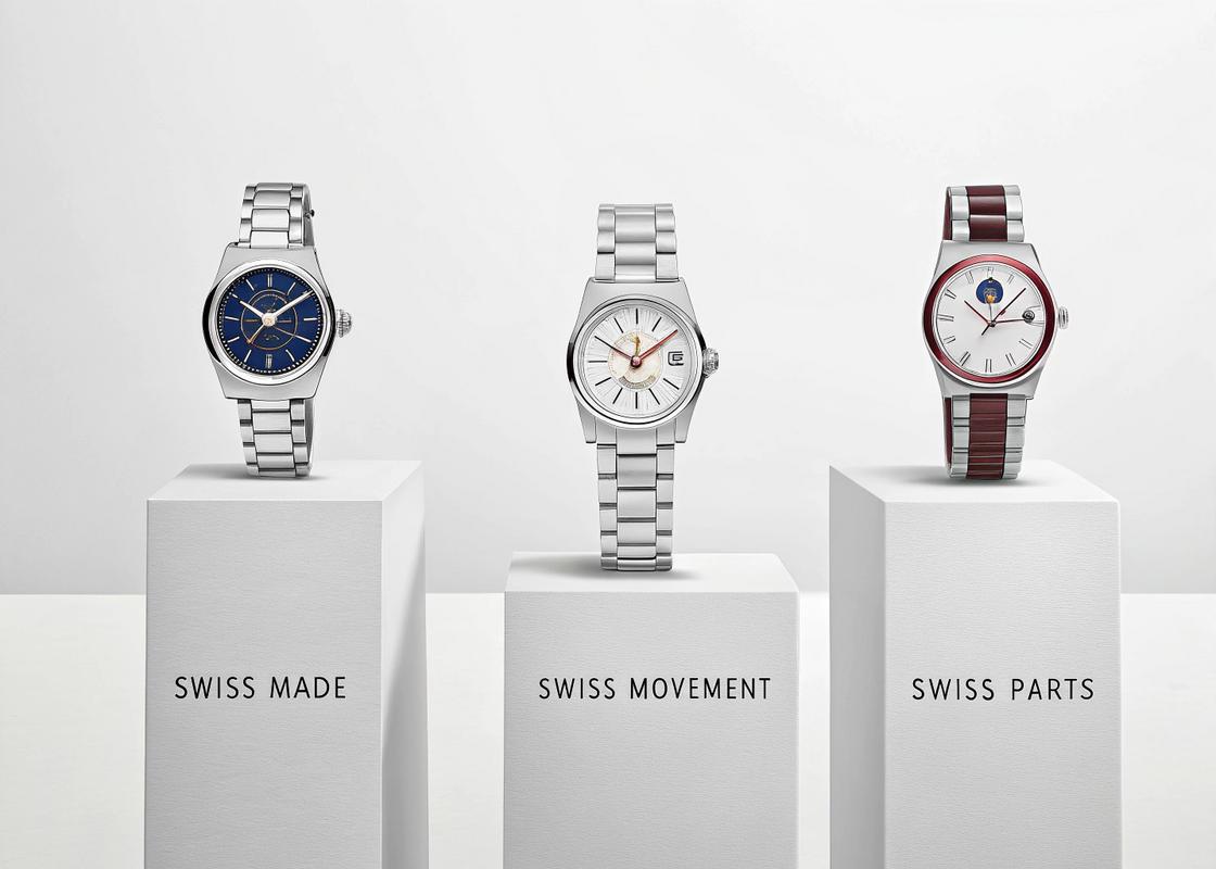 Infographie comparant trois montres suisses étiquetées 'Swiss Made', 'Swiss Movement' et 'Swiss Parts', chacune sur un piédestal blanc avec des critères en français, sous un éclairage studio minimaliste.