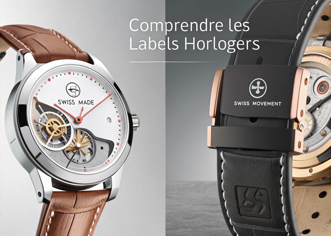 Comparaison côte à côte de montres : à gauche une montre suisse traditionnelle avec mention Swiss Made, à droite une montre hybride avec des composants Swiss Movement, sur fond gris neutre avec le slogan Comprendre les labels horlogers.