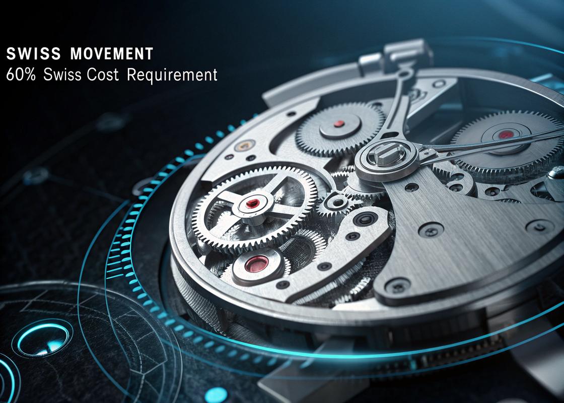 Coupe détaillée d'un mécanisme de montre suisse avec composants du mouvement suisse, sur fond métallique foncé avec des reflets bleu néon et des superpositions numériques cyberpunk.