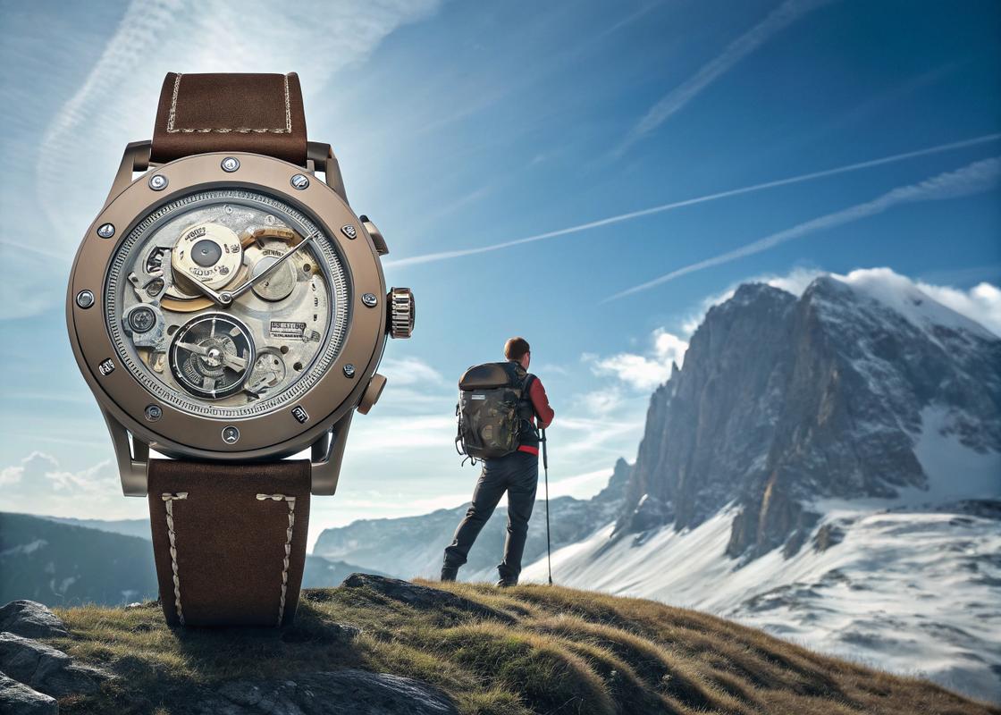 Montre d'aventure Decathlon MW900 sur fond de chaîne de montagnes avec affichage de température précis dans un style steampunk