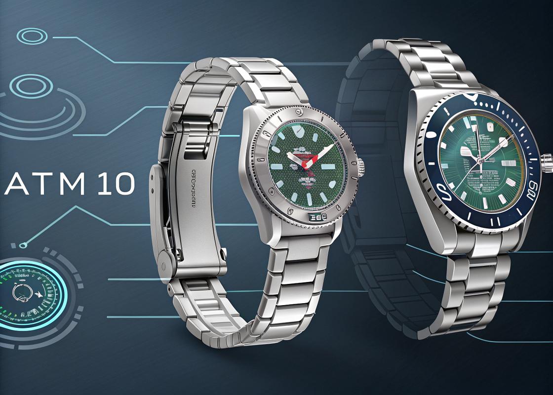 Diagramme technique moderne comparant la pression de l'eau statique et dynamique, avec des montres à différentes profondeurs, annotations lumineuses indiquant 'ATM 10', textures métalliques réalistes.