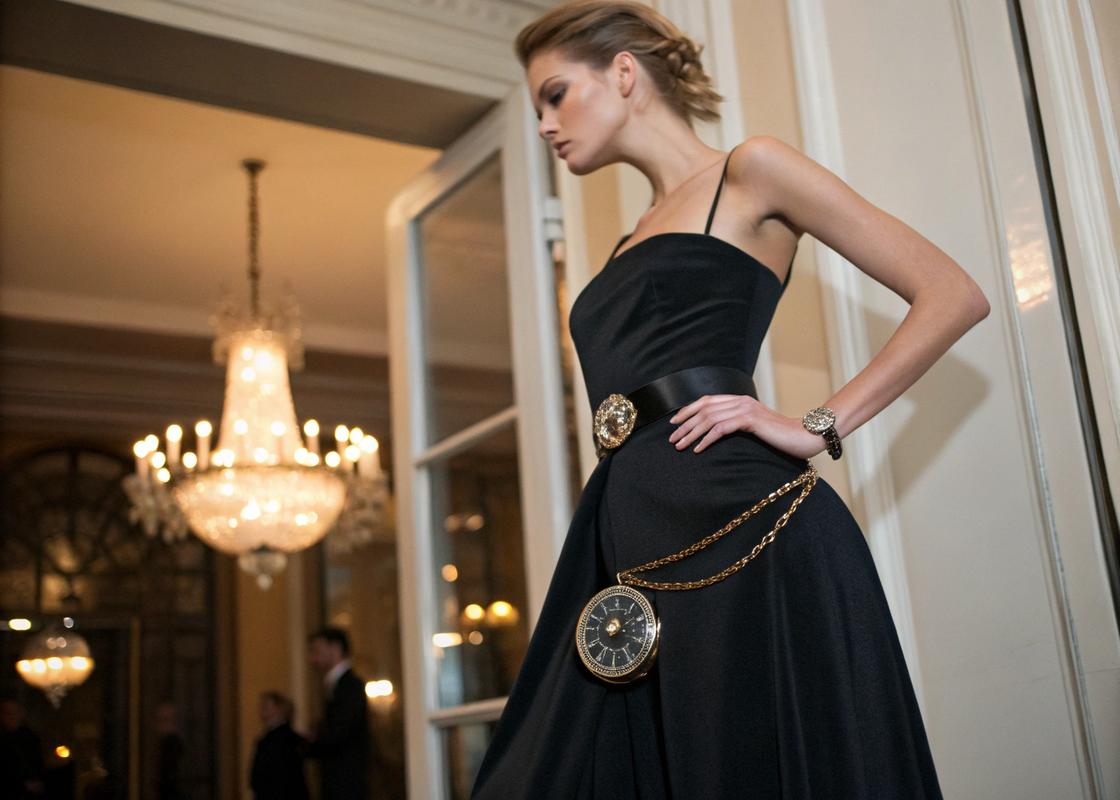 Femme élégante en robe de soirée noire attachant une montre de poche à la taille de sa jupe, sous un éclairage doux avec des détails de chaîne sophistiqués.