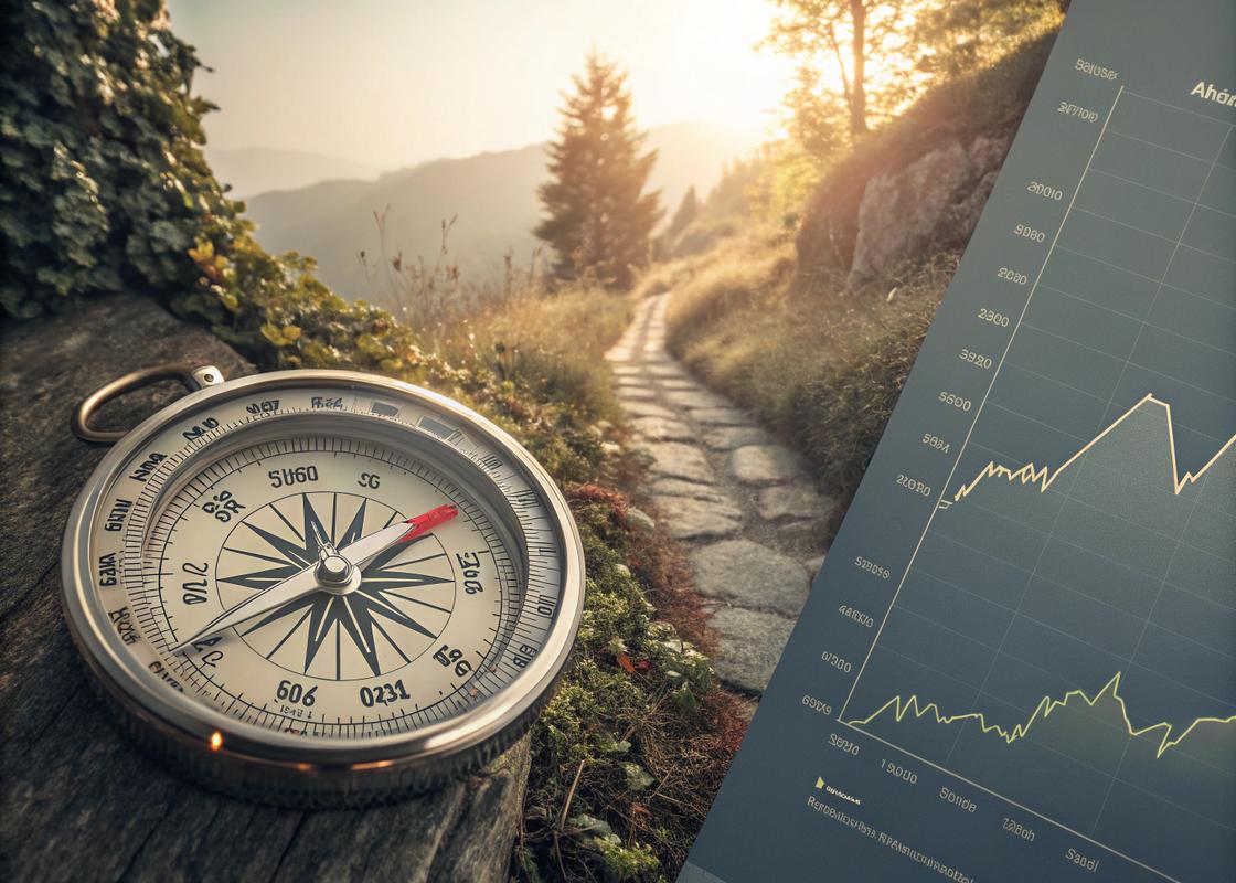 Infographie en vue divisée montrant un cadran de montre analogique avec points cardinaux d'un côté et un graphique d'altitude de l'autre, entouré de textures naturelles de pierre et de végétation, sous un éclairage doux mettant en avant les composants métalliques et en verre précisément fabriqués.