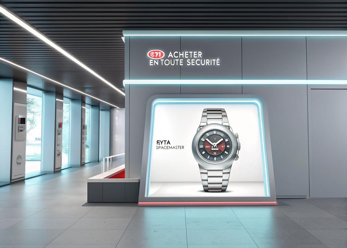 Interface sécurisée de shopping en ligne mettant en avant des montres de marques chinoises de confiance, avec une présentation 3D réaliste de la montre Fiyta Spacemaster, sous un écran affichant 'Où Acheter en Toute Sécurité' en français stylisé.