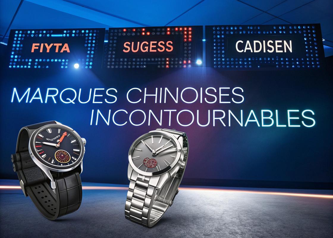 Montage artistique mettant en avant des modèles emblématiques de montres chinoises Fiyta, Sugess et Cadisen sur un fond dégradé bleu foncé à noir, avec éclairage néon dynamique et affichage digital montrant des métriques de performance, dans un style cyberpunk.
