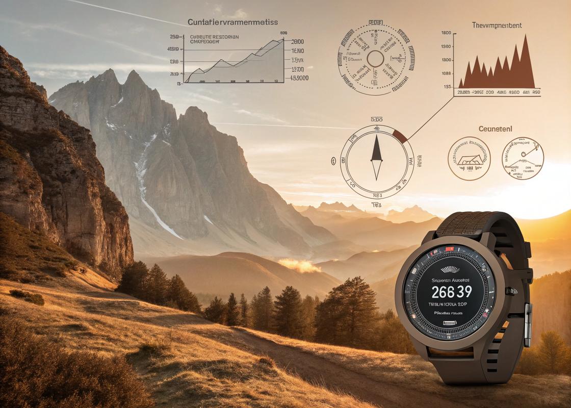 Montre ABC-T entourée d'éléments d'exploration tels que montagnes, boussole et graphique de pression barométrique, dans un style cinématique et immersif avec des tons terreux.