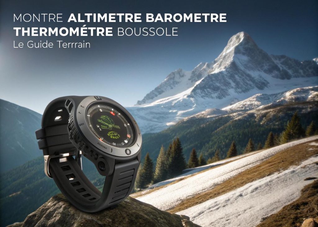 Montre connectée avec altimètre, baromètre, thermomètre et boussole affichés sur un écran digital, entourée par un paysage montagneux avec des sommets enneigés et éclairée de manière cinématographique.