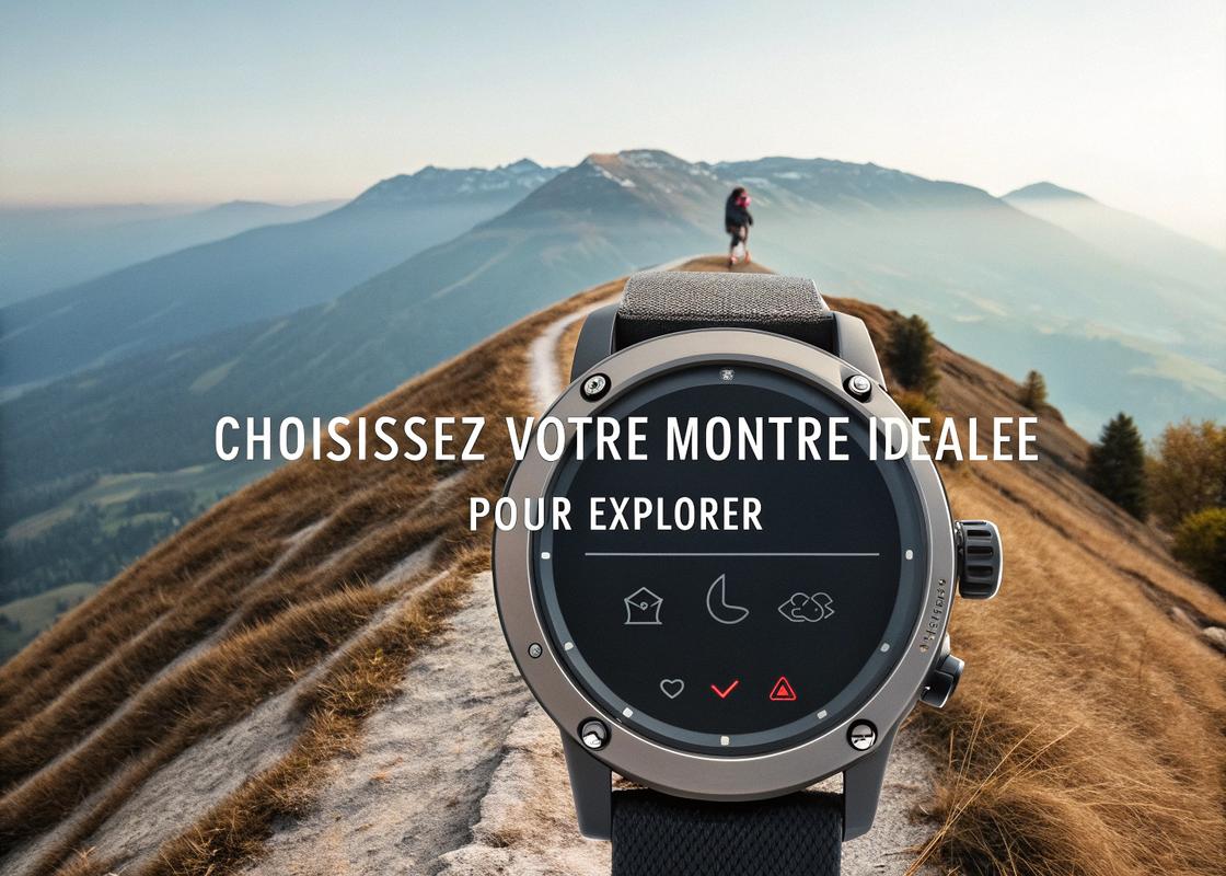Montre altimètre numérique avec affichage électronique et boutons fonctionnels, sur fond de sentier de montagne moderne sous lumière froide du jour avec texte 'Choisissez votre montre idéale pour explorer'.