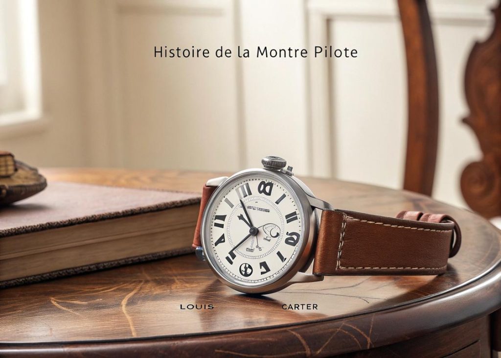 Montre de pilote de luxe avec boîtier de 45 mm, cadran noir, aiguilles et index lumineux, couronne oignon surdimensionnée et bracelet en cuir brun vieilli, posée sur un tableau de bord d'avion avec le texte 'Des Pionniers de l'Air aux Icônes du Poignet'