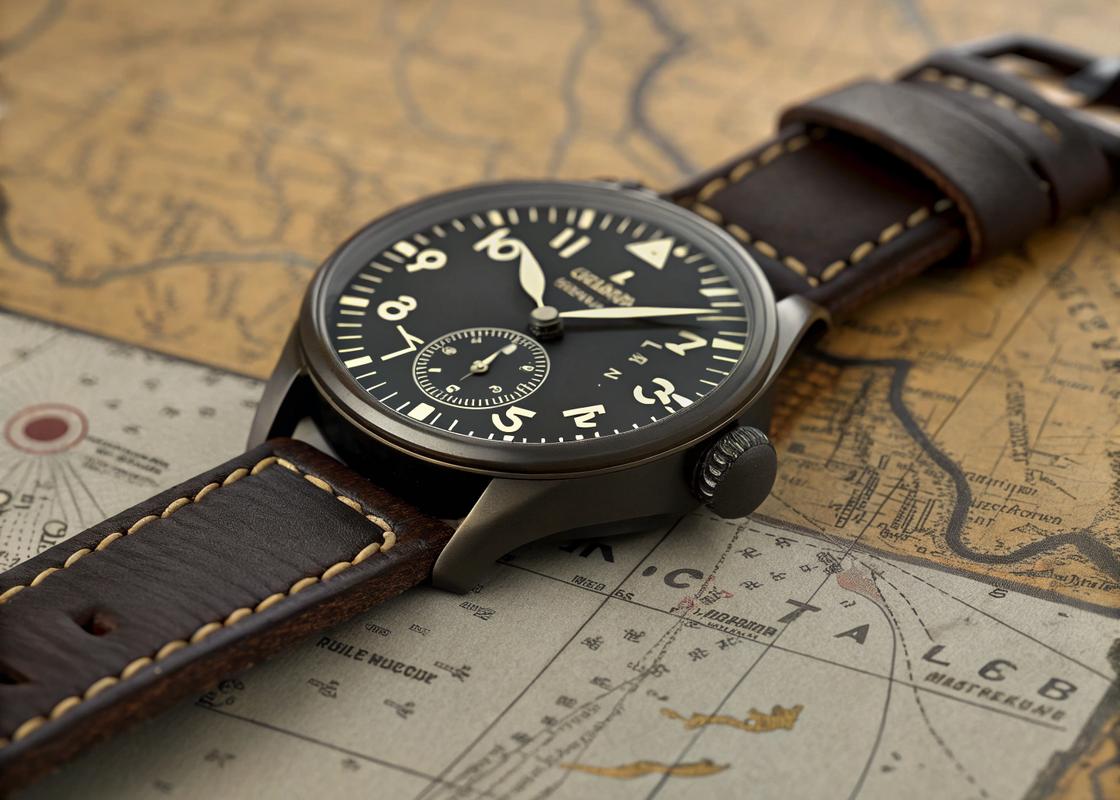 Montre de pilote militaire allemande de la Seconde Guerre mondiale, avec un boîtier noir mat de 55 mm, cadran de type A et chiffres arabes blancs luminescents, sur une carte de vol ancienne.