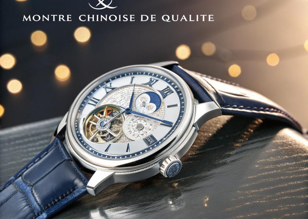Montre chinoise de luxe avec boîtier en acier inoxydable 316L, verre saphir et mouvement automatique Sea-Gull visible par le fond transparent, éclairage cinématographique