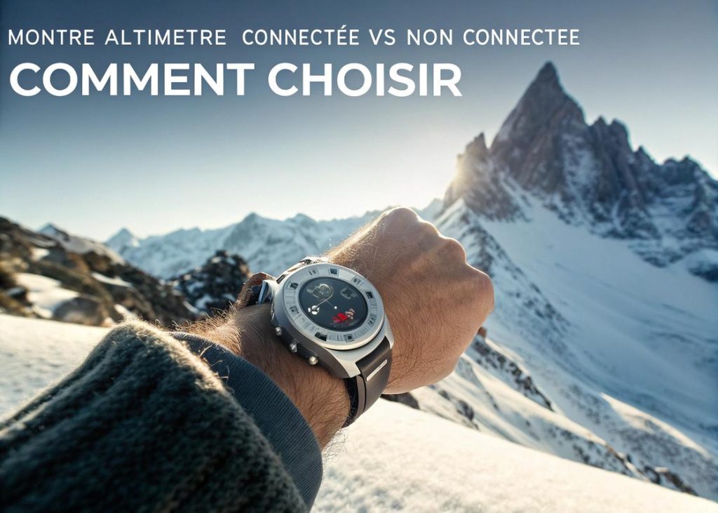 Montre connectée avec altimètre sur fond de montagnes enneigées avec texte 'Montre altimètre connectée vs non connectée', sous éclairage cinématique.
