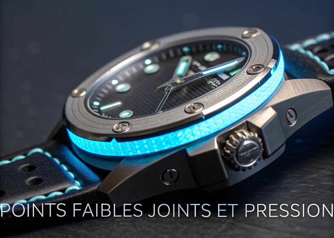 Montre-bracelet avec contour bleu lumineux sur fond sombre, mettant en évidence ses joints d'étanchéité et vis, avec texte explicatif en français ‘Points Faibles : Joints Et Pression’