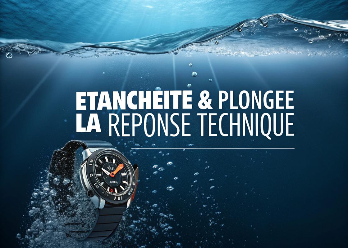 Infographie montrant une montre étanche submergée dans l'eau, avec des ondes de pression autour, sur un fond bleu foncé avec des textes 'Étanchéité & Plongée : La Réponse Technique'.