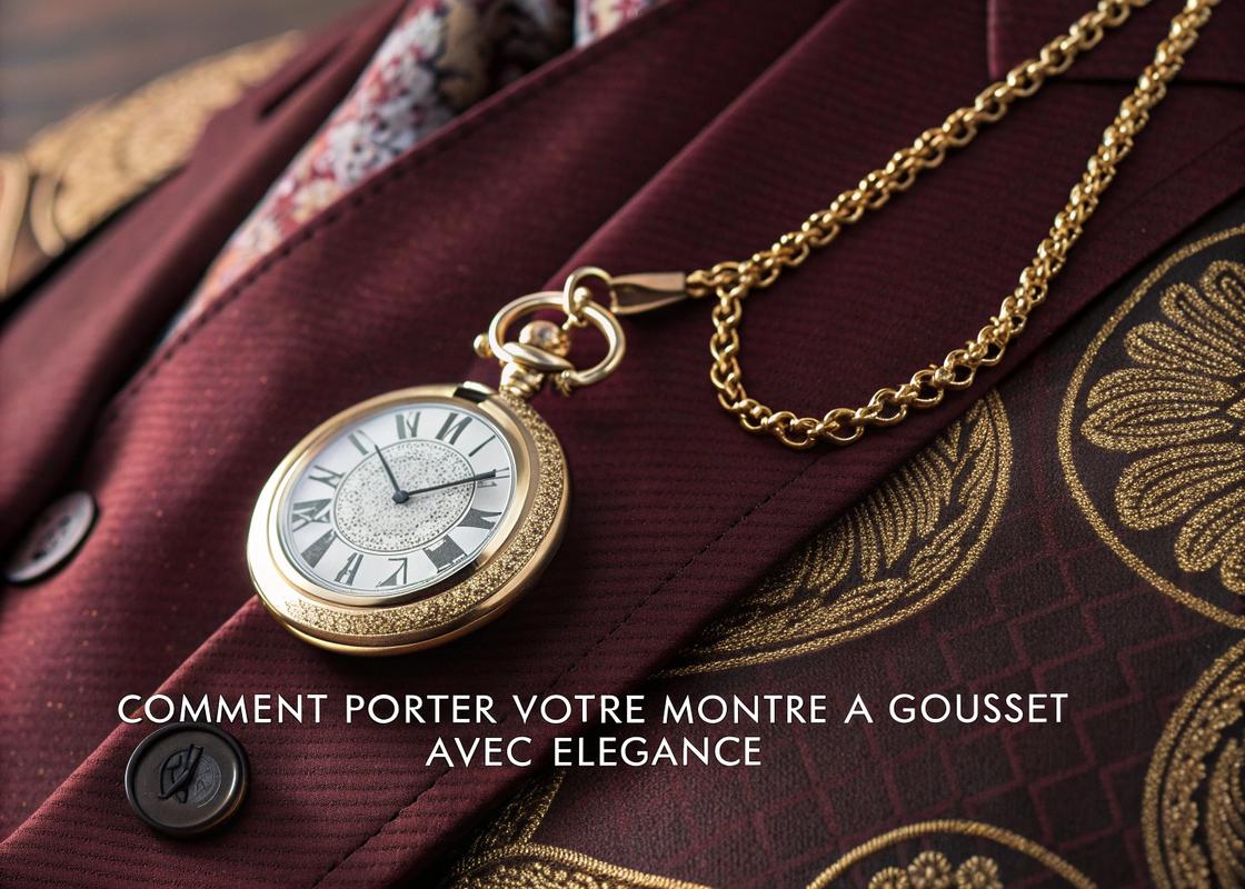 Montre à gousset dorée suspendue à un gousset de veste avec chaîne complexe et texte français calligraphié ‘Comment Porter Votre Montre à Gousset avec Élégance’ sur fond d'attirail luxueux en tons de bordeaux et or.