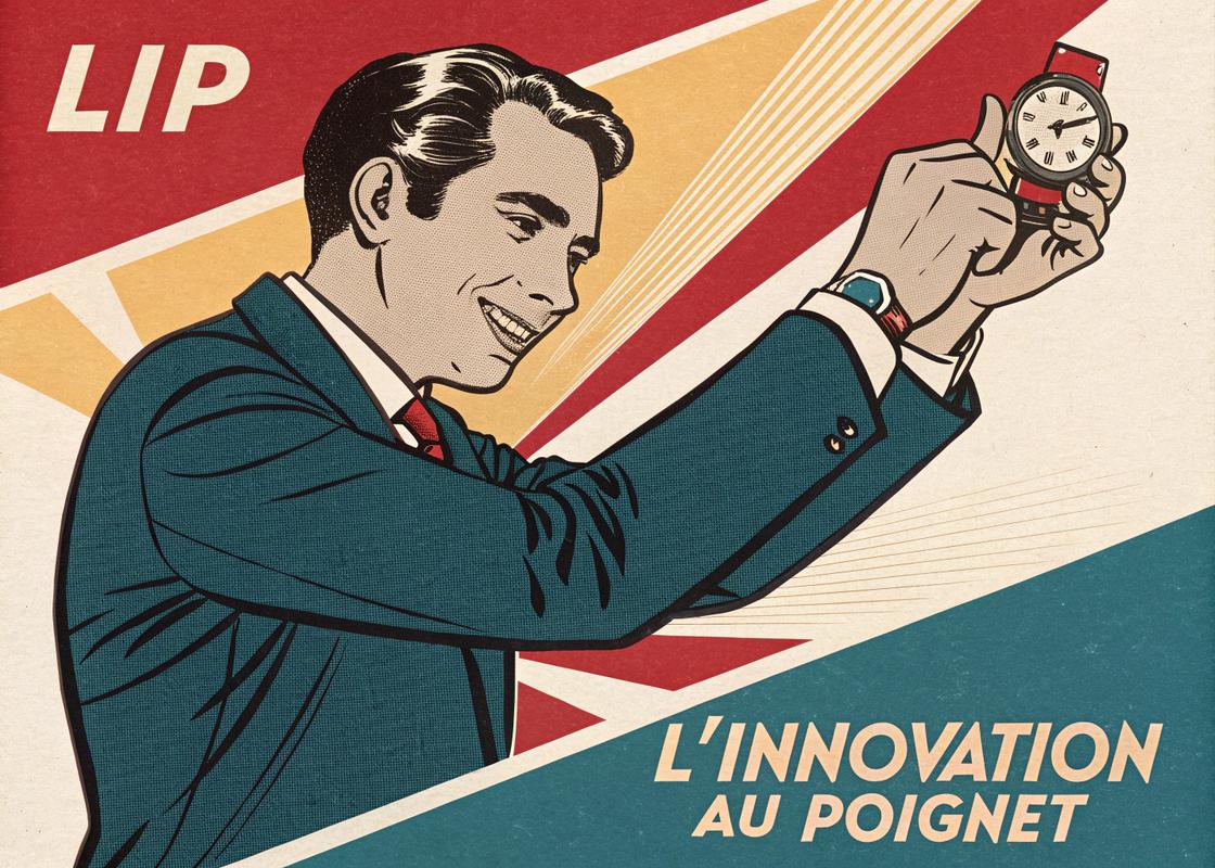 Un homme confiant en costume ajusté des années 1960 tenant une montre LIP automatique, avec inscription vintage 'L'innovation au poignet' stylisée