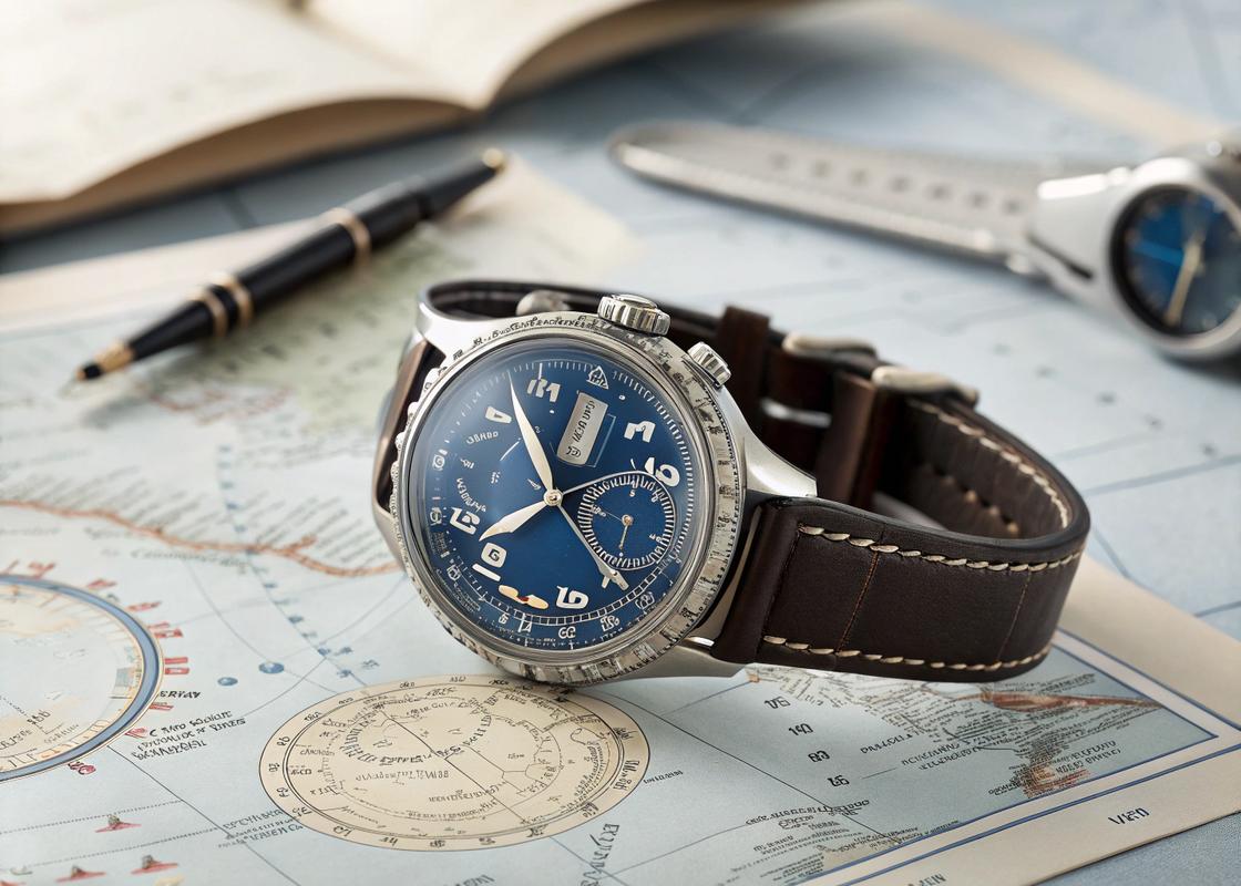 Montre vintage Longines Lindbergh des années 1930 avec boîtier en titane, cadran bleu et aiguilles lumineuses, posée sur un fond de carte de navigation aérienne.