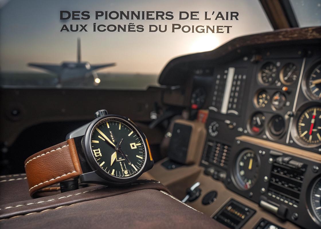 Montre de pilote de luxe avec boîtier de 45 mm, cadran noir, aiguilles et index lumineux, couronne oignon surdimensionnée et bracelet en cuir brun vieilli, posée sur un tableau de bord d'avion avec le texte 'Des Pionniers de l'Air aux Icônes du Poignet'
