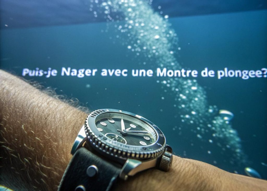 Gros plan d'une montre de plongée sous l'eau avec un texte en français 'Puis-je Nager Avec une Montre de Plongée ?', mise en valeur par un éclairage cinématique, des bulles dynamiques et une texture métallique réaliste.