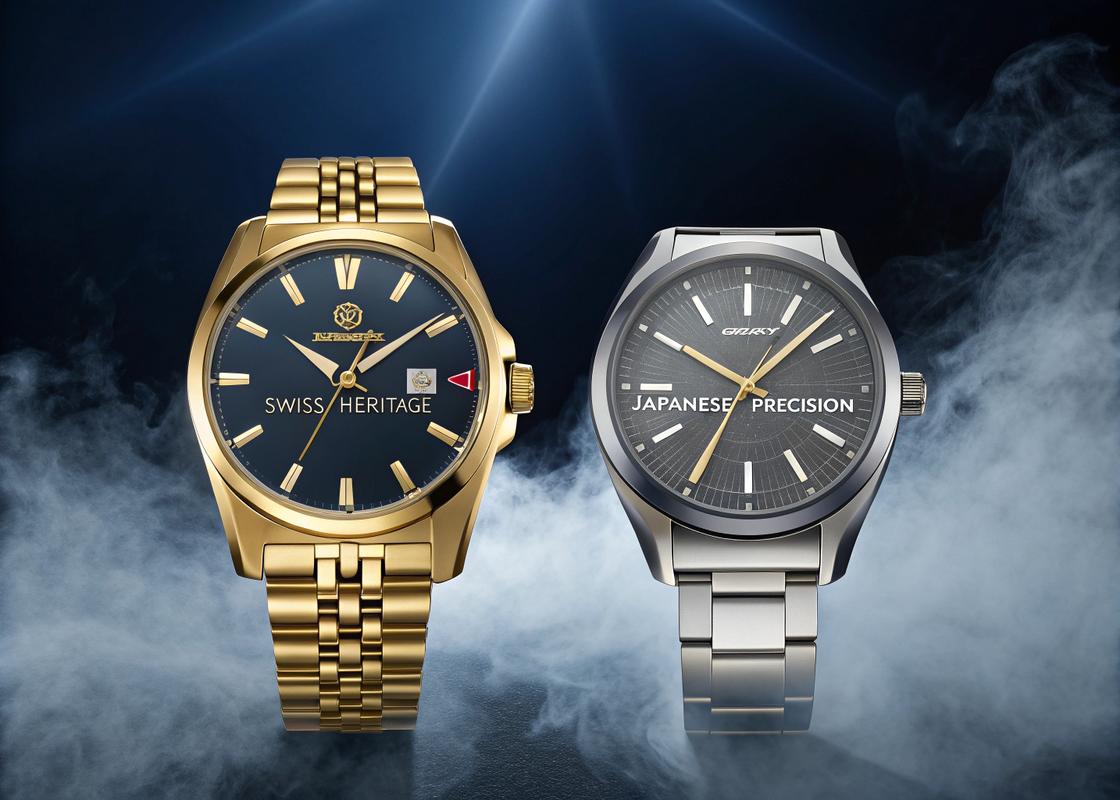 Montage artistique mettant en scène une montre suisse et une montre japonaise côte à côte sous un éclairage dramatique, avec 'Swiss Heritage' en or à gauche et 'Japanese Precision' en argent à droite, sur fond bleu nuit avec effet de brume.