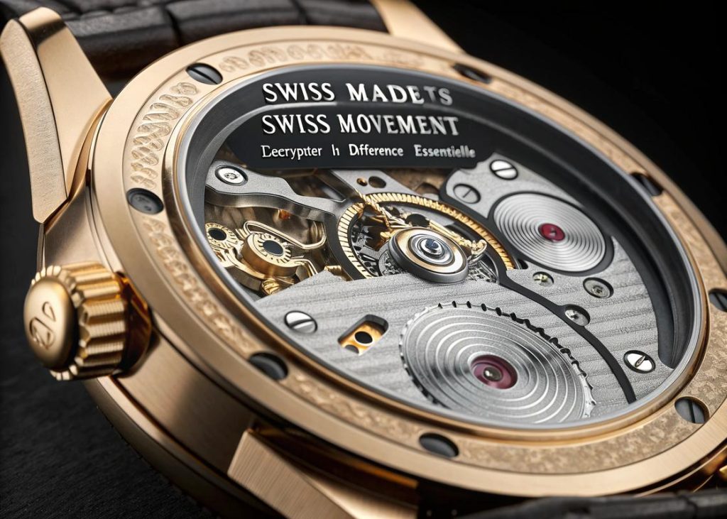 Montre de luxe suisse avec ‘Swiss Made’ gravé sur le cadran, gros plan détaillant le mouvement complexe, éclairage cinématographique mettant en valeur les textures de l'or et de l'acier sur fond noir