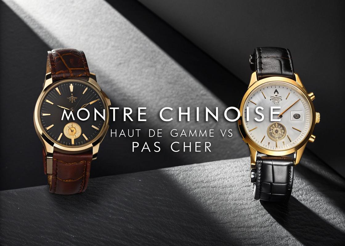 Comparaison côte à côte de deux montres chinoises, une de luxe avec des matériaux luxueux à gauche et un modèle bon marché à droite, avec typographie élégante en texte français doré.