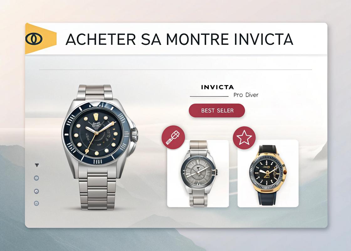 Maquette de page e-commerce montrant des montres Invicta en promotion, avec un ruban 'Best Seller' sur la Invicta Pro Diver et un arrière-plan à dégradé doux.