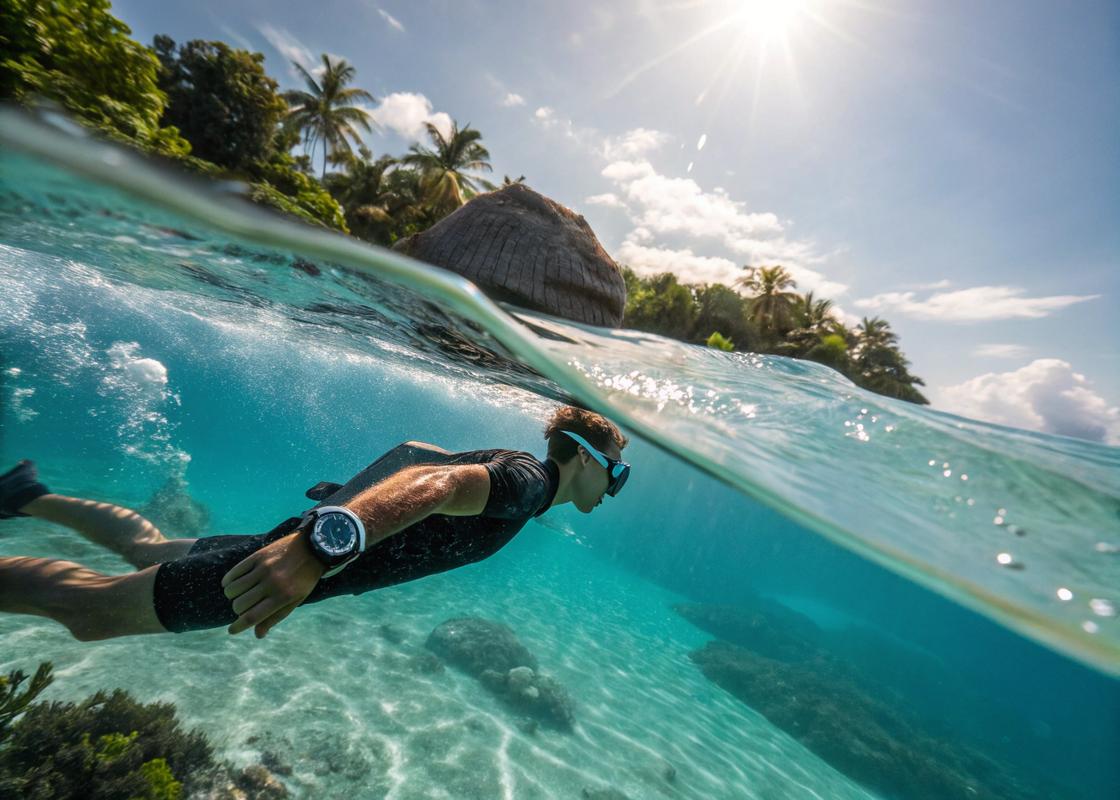 Plongeur utilisant une montre étanche sous une eau turquoise tropicale, avec une visibilité claire du lunette de plongée et des textures naturelles.