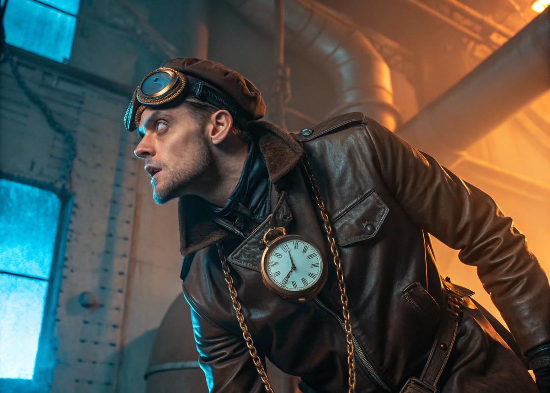 Gentleman en costume steampunk avec une veste en cuir d'aviateur, un mécanisme complexe de chaîne et des accessoires en laiton, face à un arrière-plan industriel lumineux avec des tons orange et bleu.