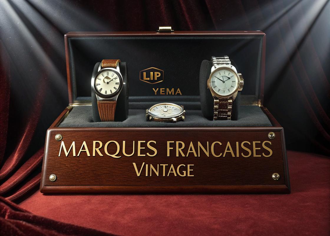 Vitrine ancienne présentant des montres françaises vintage des années 1950-1970, dont LIP, Yema et Dodane, sur fond velours avec des reflets et l'inscription 'Marques Françaises Vintage' en doré.
