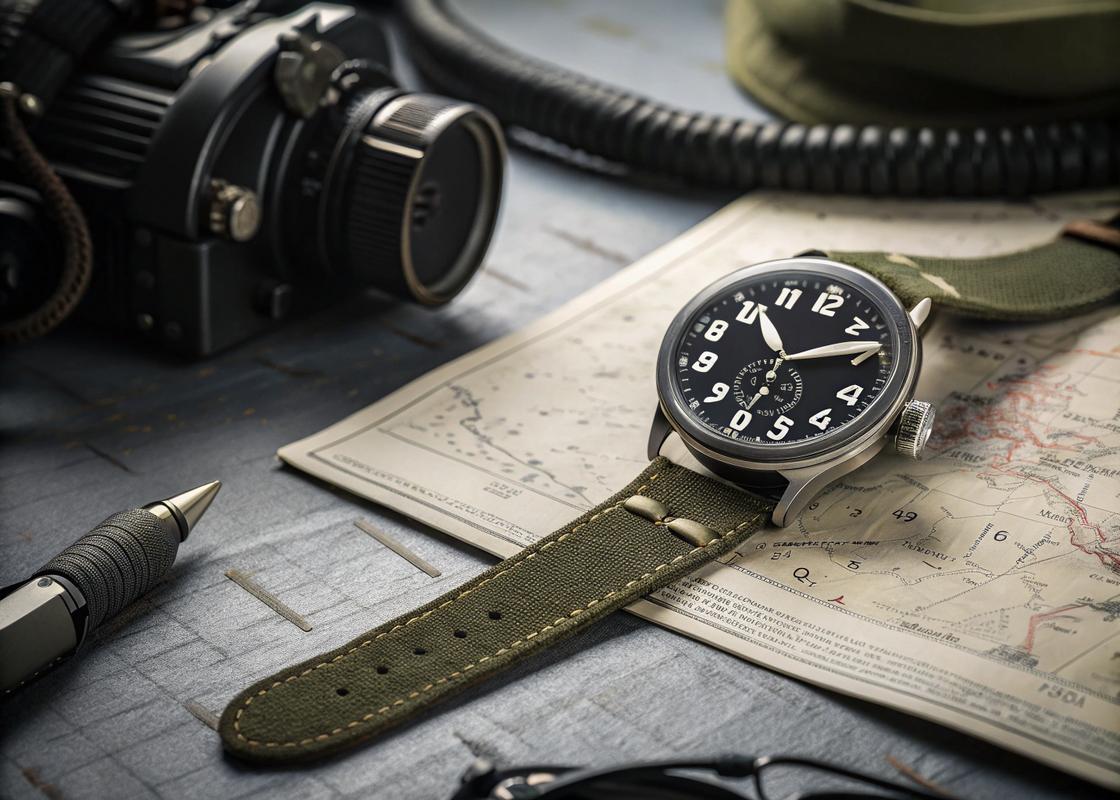 Montre Zenith Pilot Type 20 vintage avec boîtier en acier surdimensionné, cadran noir mat et chiffres arabes blancs, dans un décor de salle de briefing de pilotes avec des cartes de navigation et des casques.